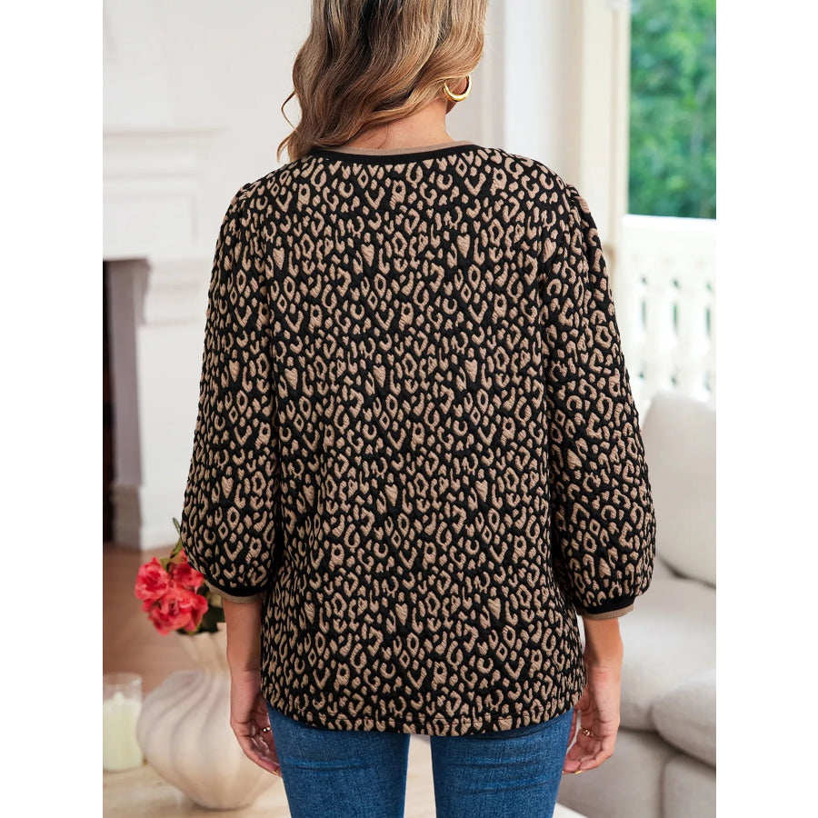Leopard Print Puffy Bracelet Sleeve Contrast Trim Round Neck Top Brown / S Apparel and Accessories