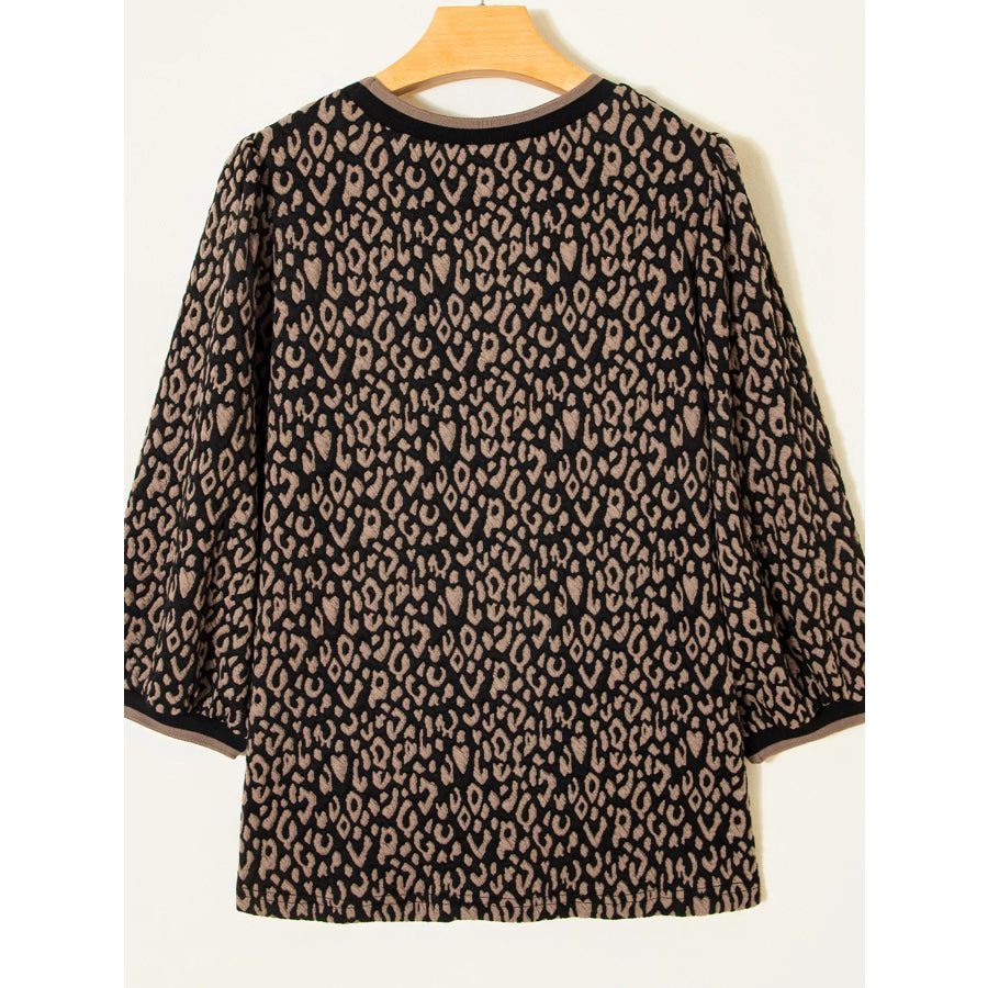 Leopard Print Puffy Bracelet Sleeve Contrast Trim Round Neck Top Apparel and Accessories