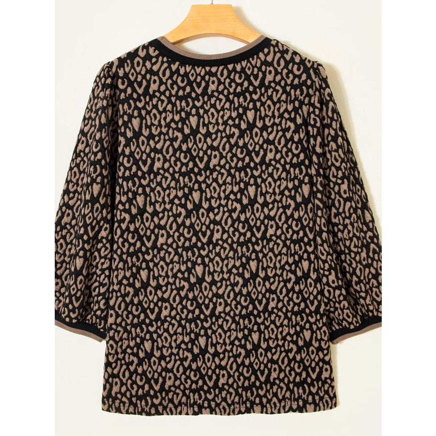 Leopard Print Puffy Bracelet Sleeve Contrast Trim Round Neck Top Apparel and Accessories