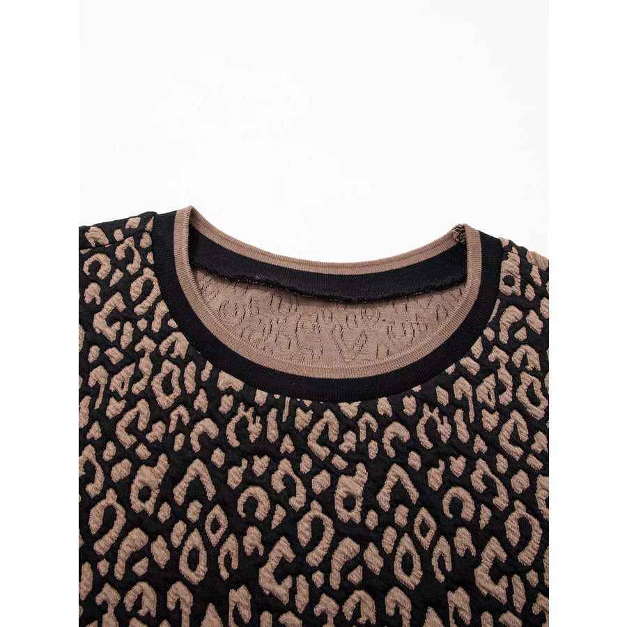 Leopard Print Puffy Bracelet Sleeve Contrast Trim Round Neck Top Apparel and Accessories
