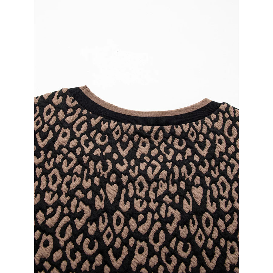 Leopard Print Puffy Bracelet Sleeve Contrast Trim Round Neck Top Apparel and Accessories