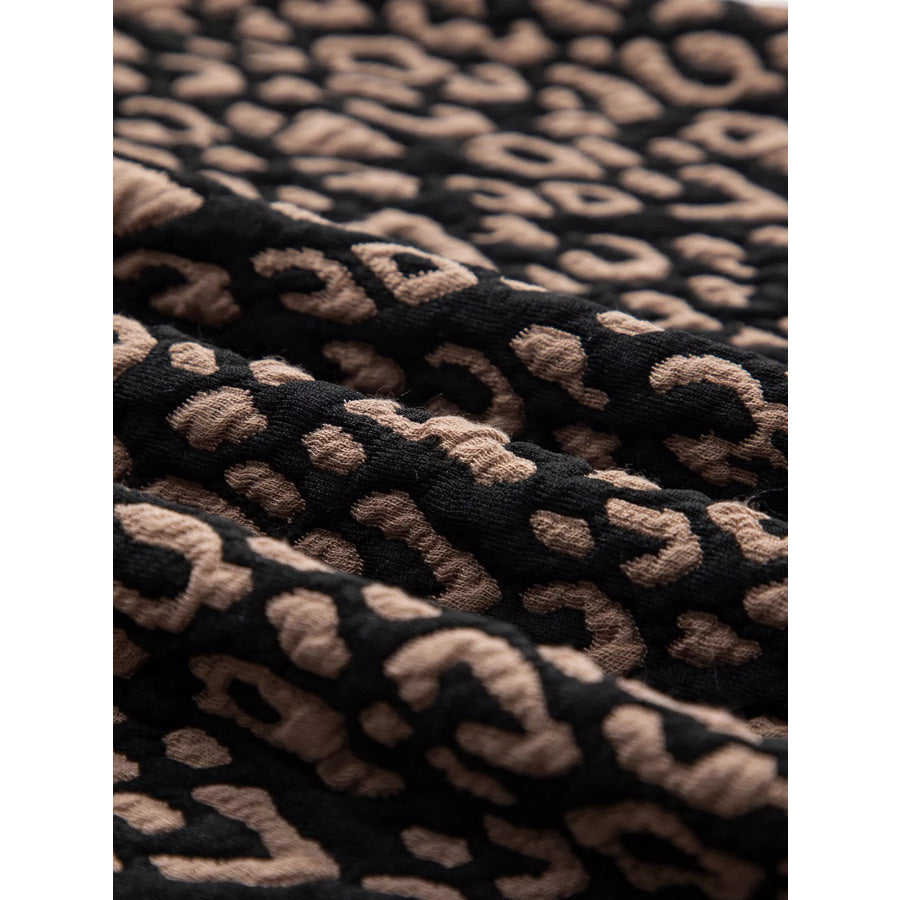 Leopard Print Puffy Bracelet Sleeve Contrast Trim Round Neck Top Apparel and Accessories