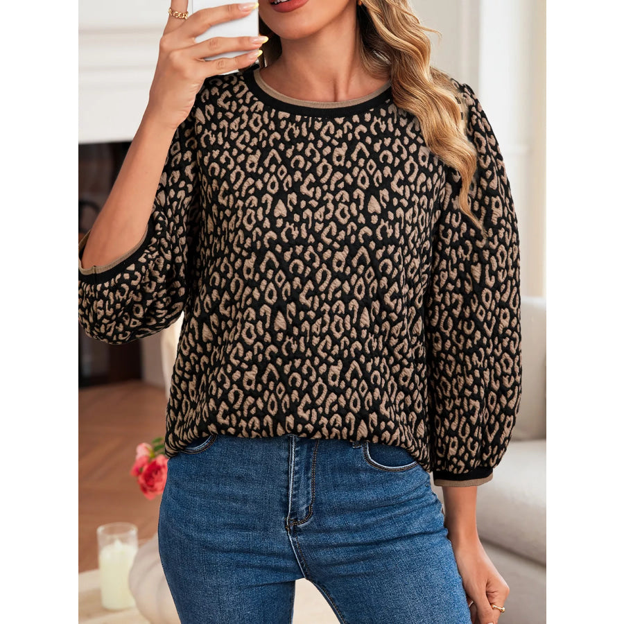 Leopard Print Puffy Bracelet Sleeve Contrast Trim Round Neck Top Brown / S Apparel and Accessories