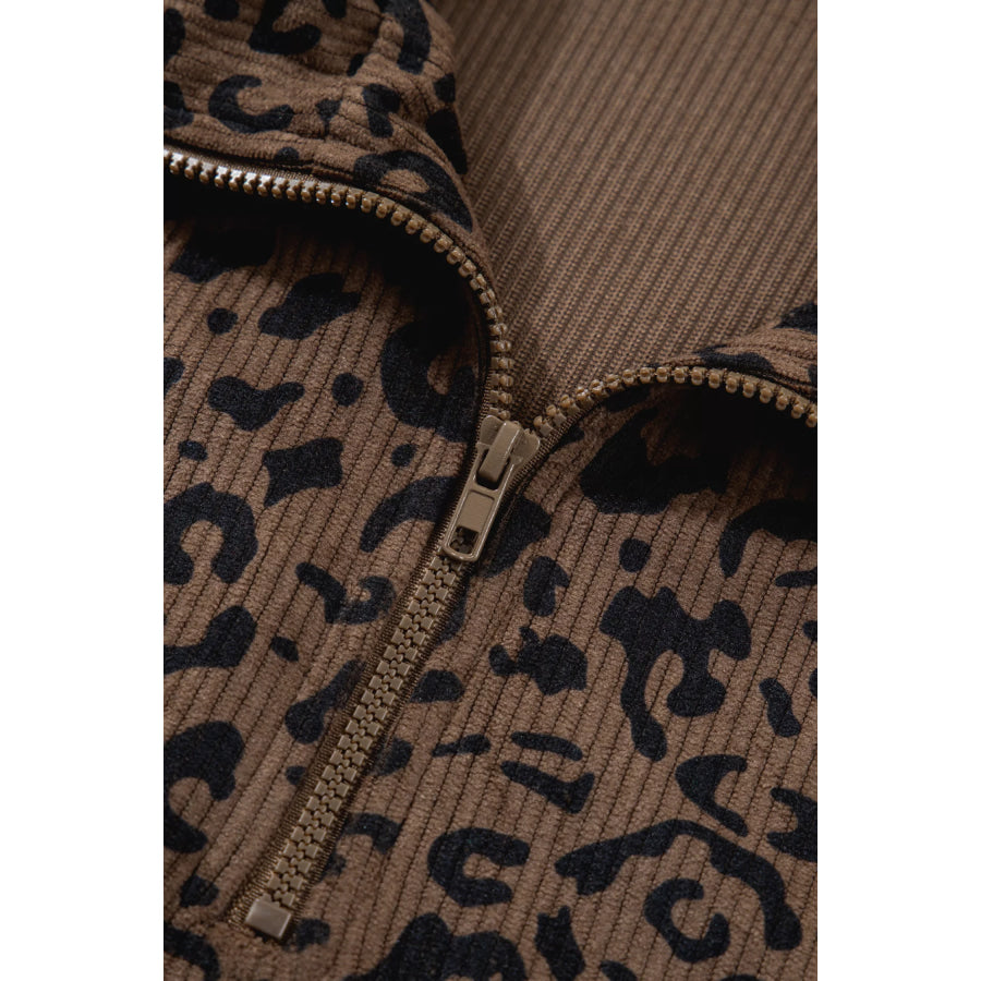 Leopard Print Quarter Zip Corduroy Sweatshirt Apparel and Accessories