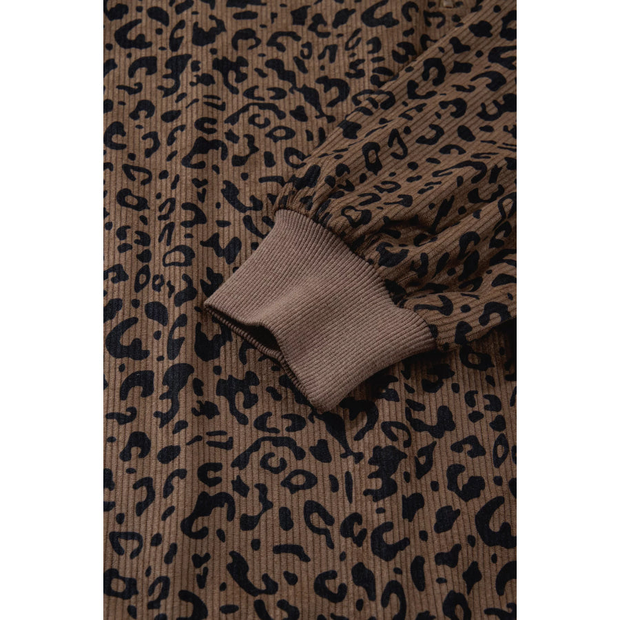 Leopard Print Quarter Zip Corduroy Sweatshirt Apparel and Accessories