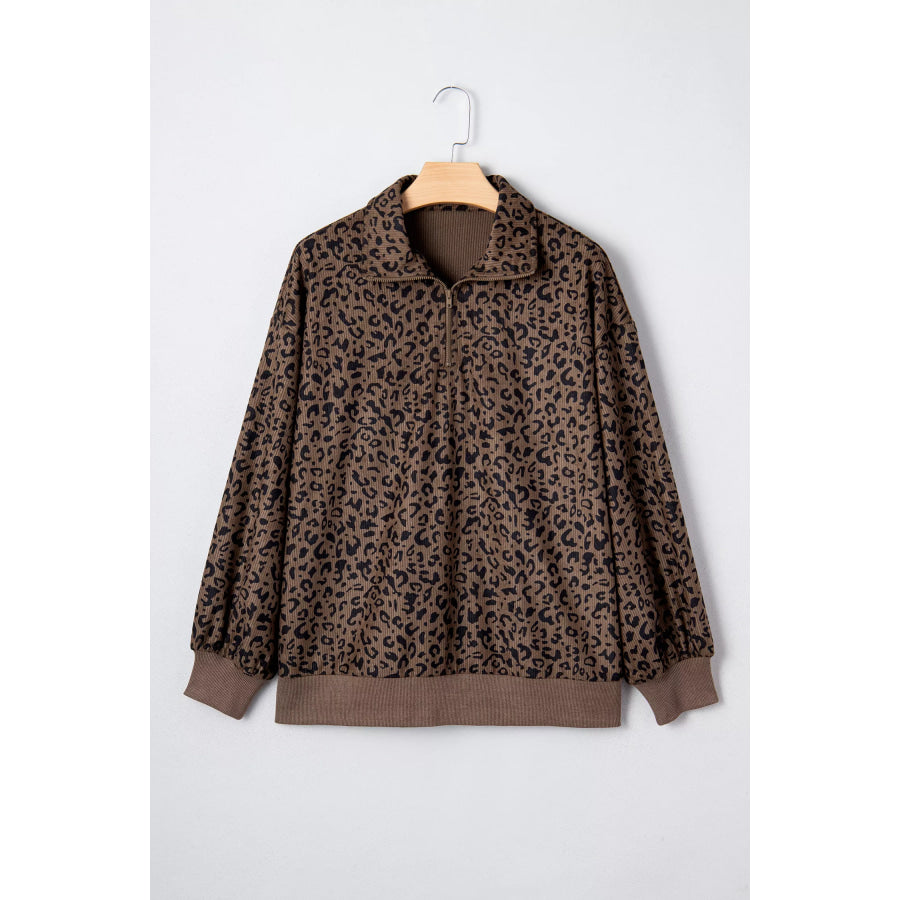 Leopard Print Quarter Zip Corduroy Sweatshirt Apparel and Accessories