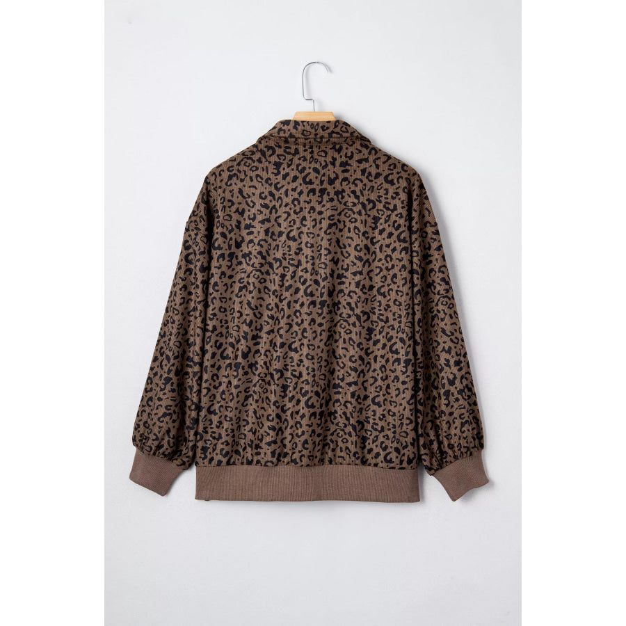 Leopard Print Quarter Zip Corduroy Sweatshirt Apparel and Accessories
