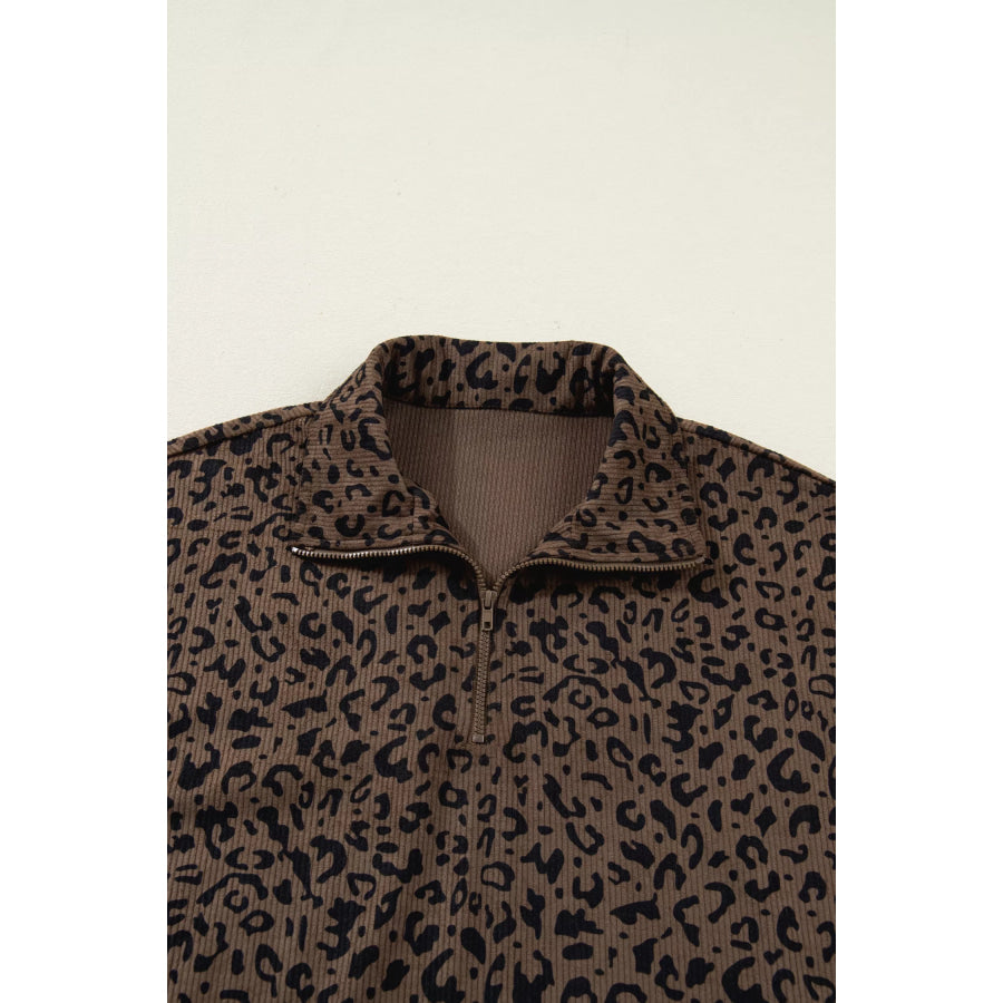 Leopard Print Quarter Zip Corduroy Sweatshirt Apparel and Accessories