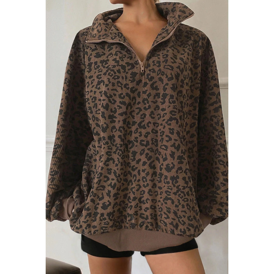 Leopard Print Quarter Zip Corduroy Sweatshirt Apparel and Accessories