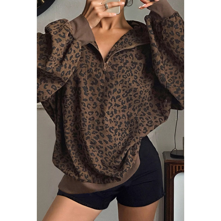 Leopard Print Quarter Zip Corduroy Sweatshirt Leopard / S Apparel and Accessories