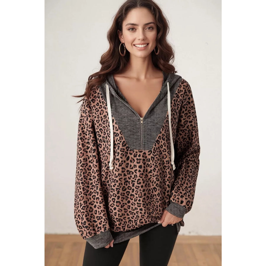 Leopard Print Quarter-Zip Hoodie Coffee Brown / S Apparel and Accessories