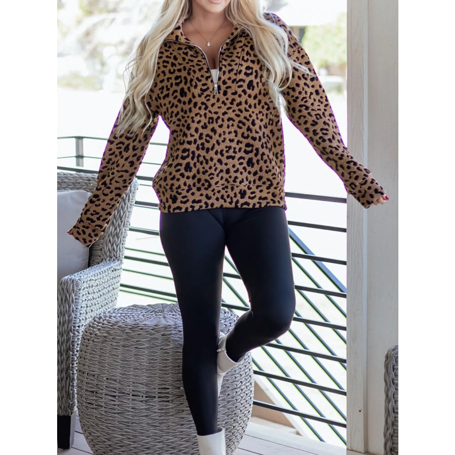 Leopard Print Quarter Zip Sweatshirt Apparel and Accessories