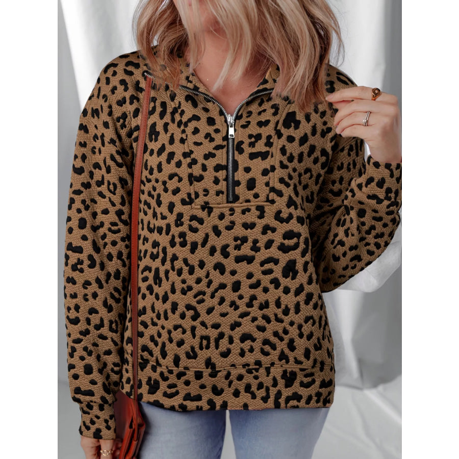 Leopard Print Quarter Zip Sweatshirt Brown / S Apparel and Accessories