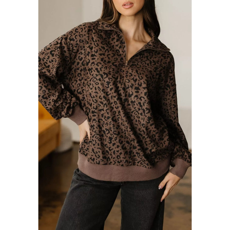 Leopard Print Quarter-Zip Sweatshirt Coffee Brown / S Apparel and Accessories