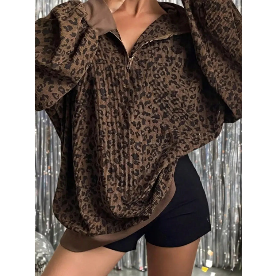 Leopard Print Quarter-Zip Sweatshirt Coffee Brown / S Apparel and Accessories