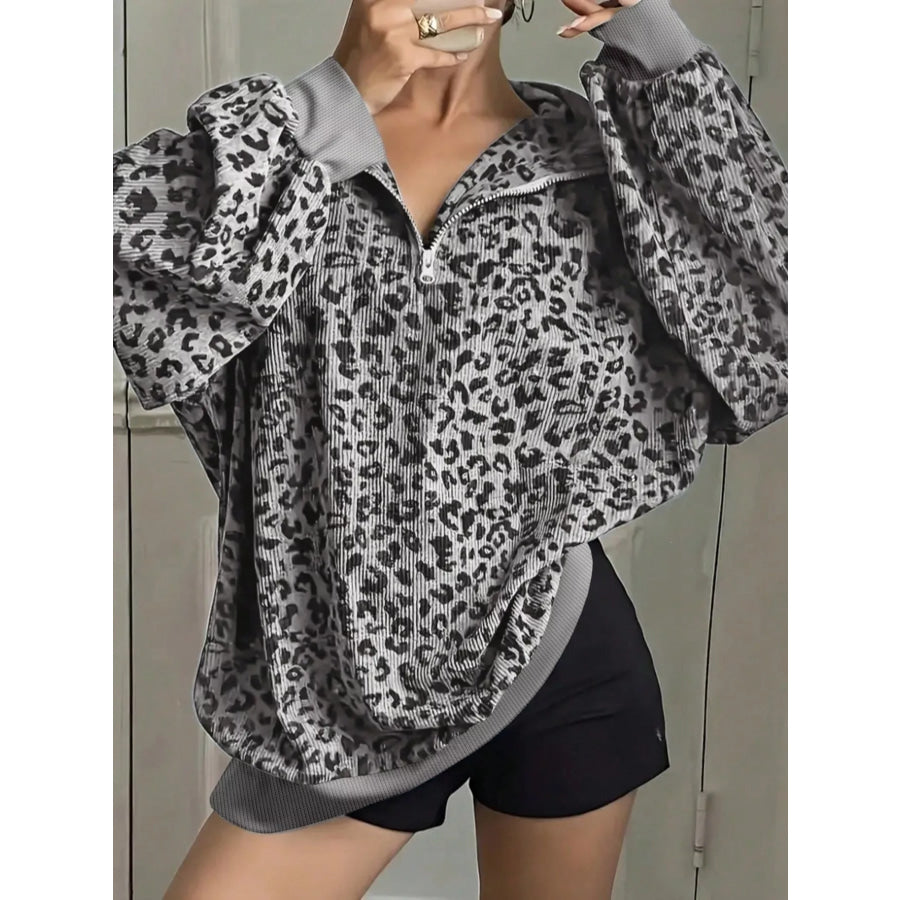 Leopard Print Quarter-Zip Sweatshirt Gray / S Apparel and Accessories
