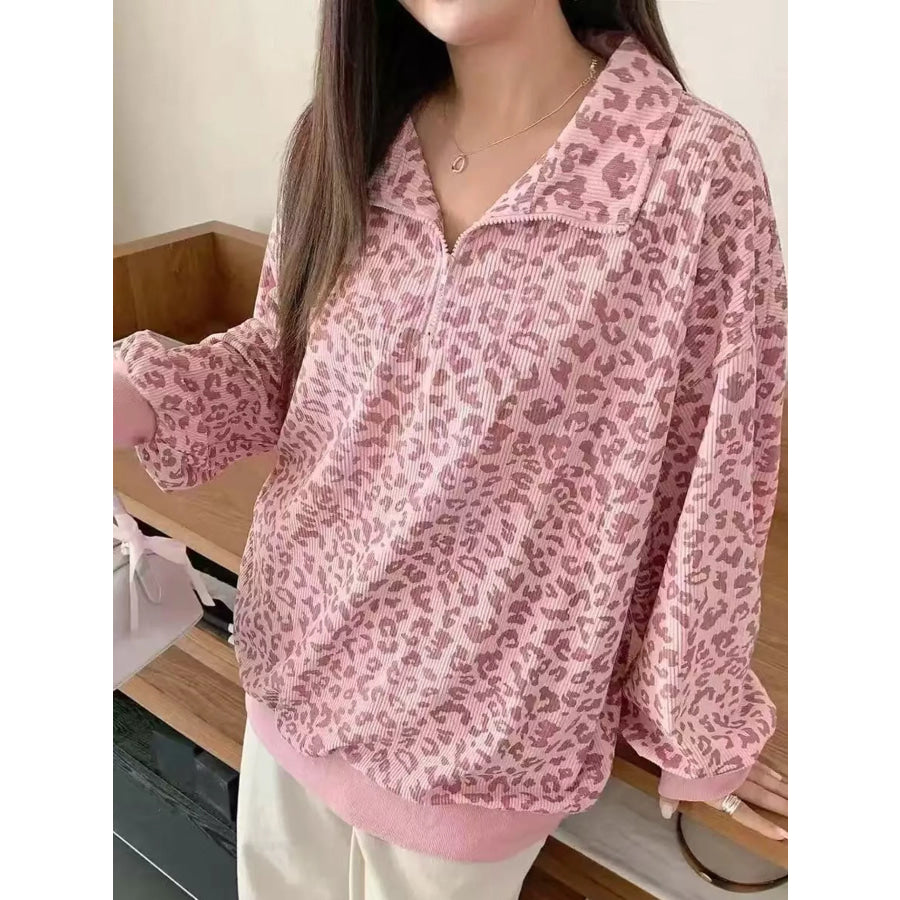 Leopard Print Quarter-Zip Sweatshirt Pink / S Apparel and Accessories