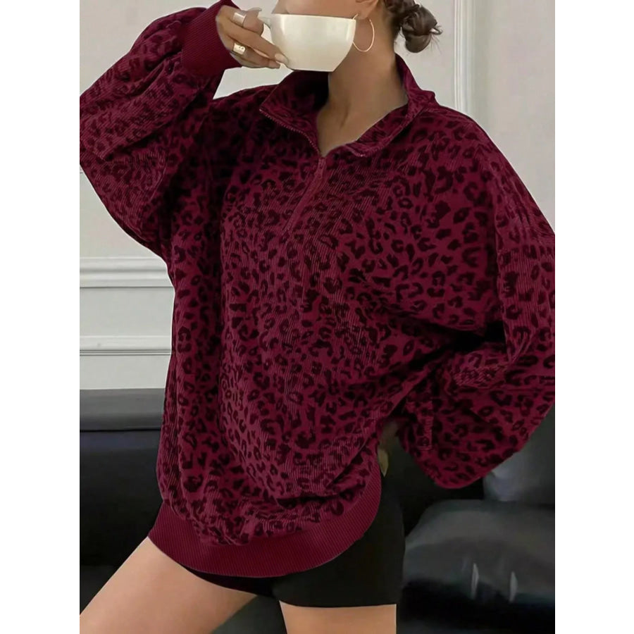 Leopard Print Quarter-Zip Sweatshirt Red / S Apparel and Accessories