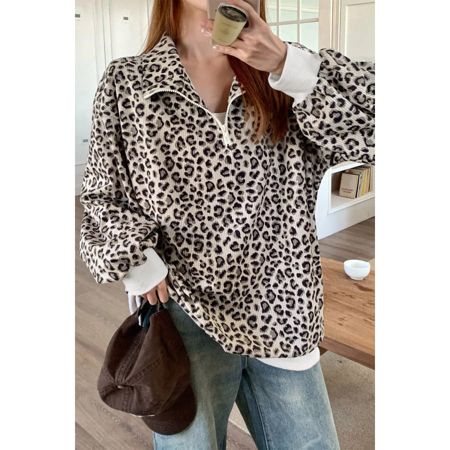 Leopard Print Quarter-Zip Sweatshirt Leopard / S Apparel and Accessories