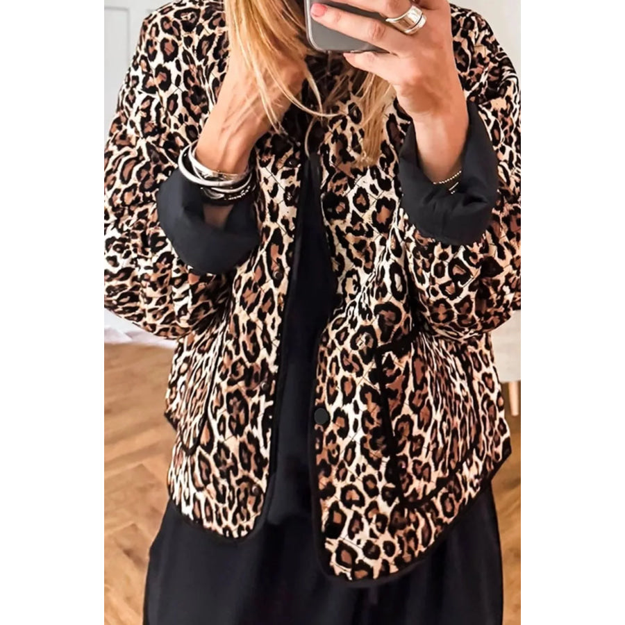 Leopard Print Quilted Button Front Patch Pockets Jacket Apparel and Accessories