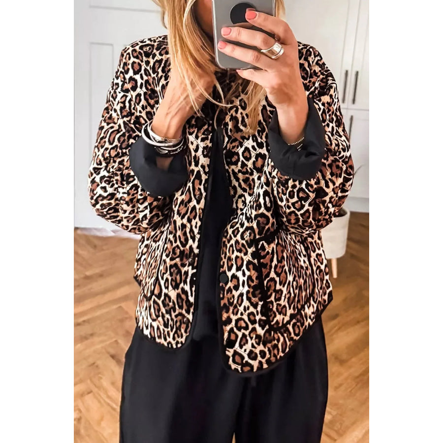 Leopard Print Quilted Button Front Patch Pockets Jacket / S Apparel and Accessories