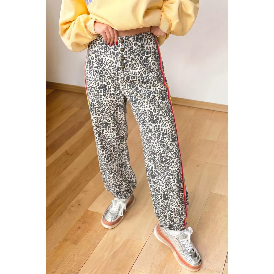 Leopard Print Rainbow Striped Detail Buttoned Loose Jogger Jeans Leopard / 4 Apparel and Accessories