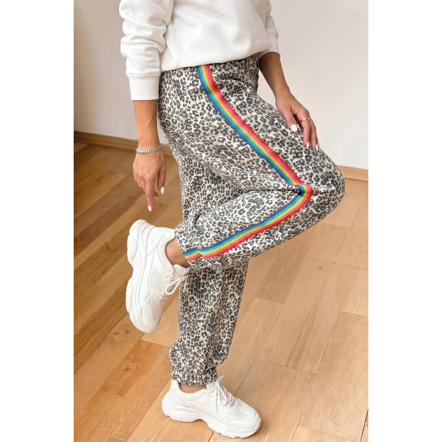Leopard Print Rainbow Striped Detail Buttoned Loose Jogger Jeans Apparel and Accessories
