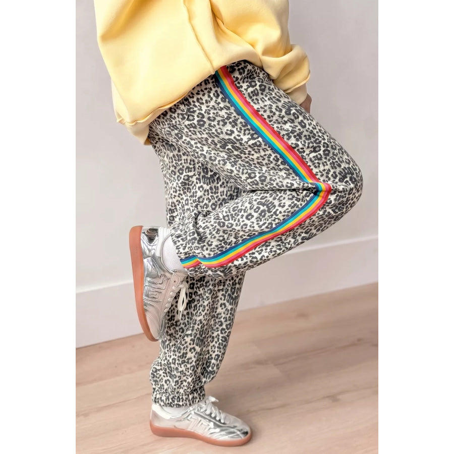 Leopard Print Rainbow Striped Detail Buttoned Loose Jogger Jeans Apparel and Accessories