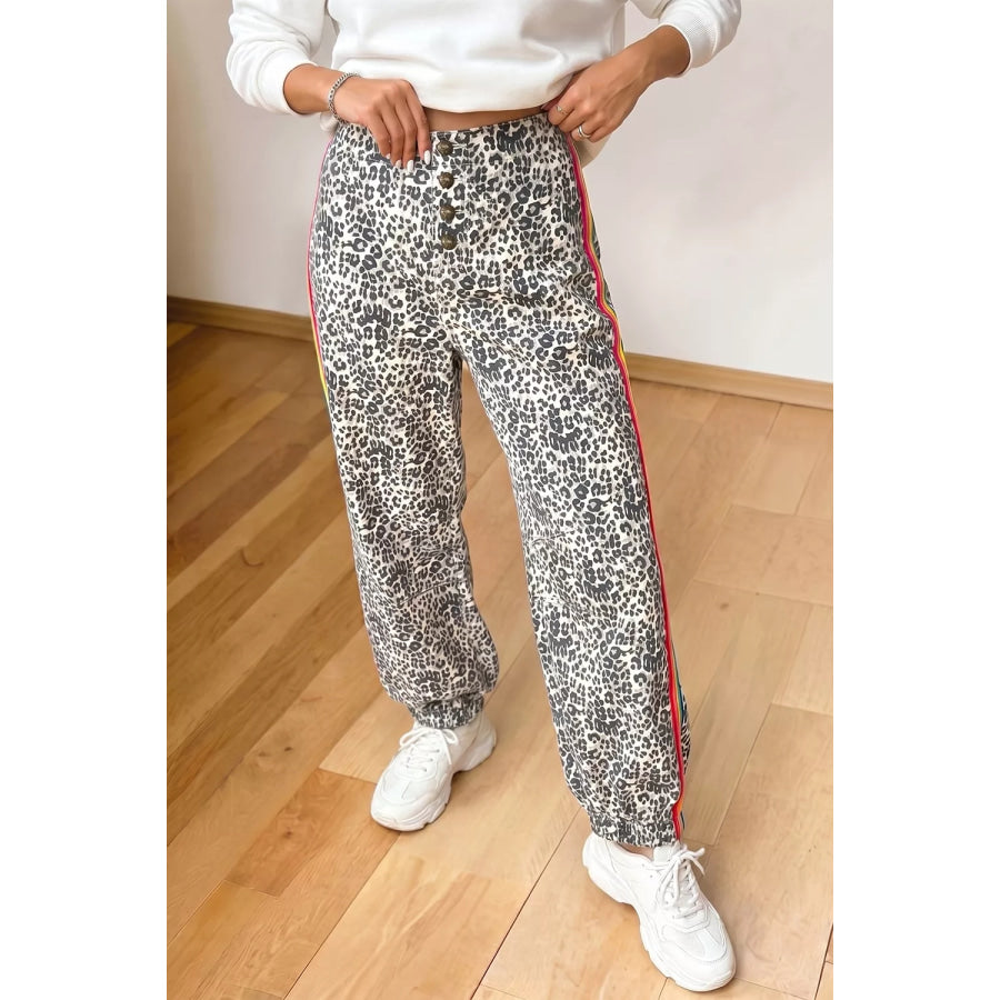 Leopard Print Rainbow Striped Detail Buttoned Loose Jogger Jeans Apparel and Accessories