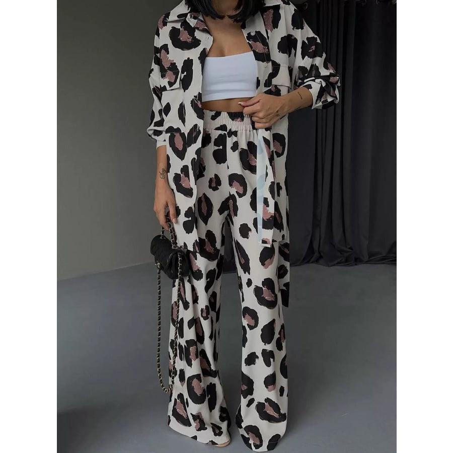 Leopard Print Relaxed Fit Shirt and Pants Two-Piece Set Apparel and Accessories