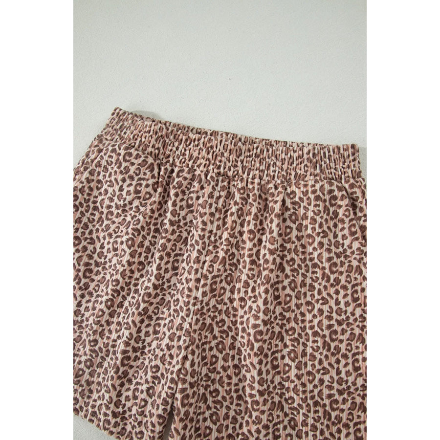 Leopard Print Ribbed Patchwork Half Button Loose Tee Elastic Waist Short 2pcs Set Apparel and Accessories