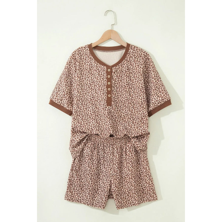 Leopard Print Ribbed Patchwork Half Button Loose Tee Elastic Waist Short 2pcs Set Mocha / S Apparel and Accessories