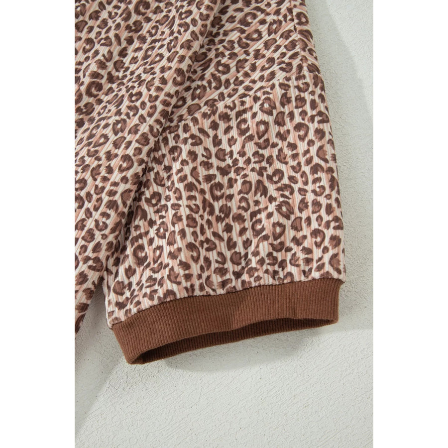 Leopard Print Ribbed Patchwork Half Button Loose Tee Elastic Waist Short 2pcs Set Apparel and Accessories