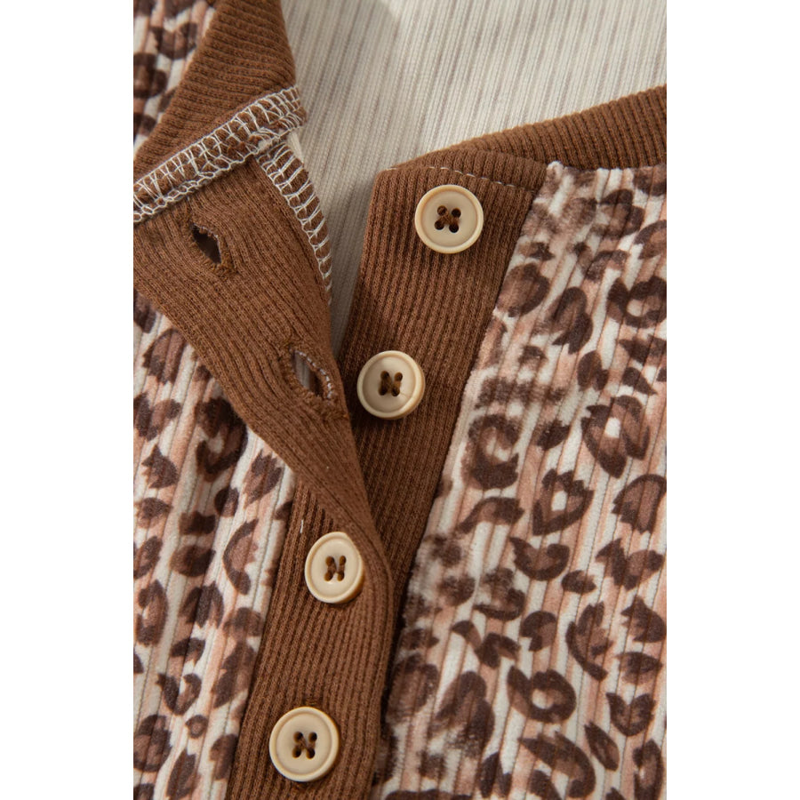 Leopard Print Ribbed Patchwork Half Button Loose Tee Elastic Waist Short 2pcs Set Apparel and Accessories