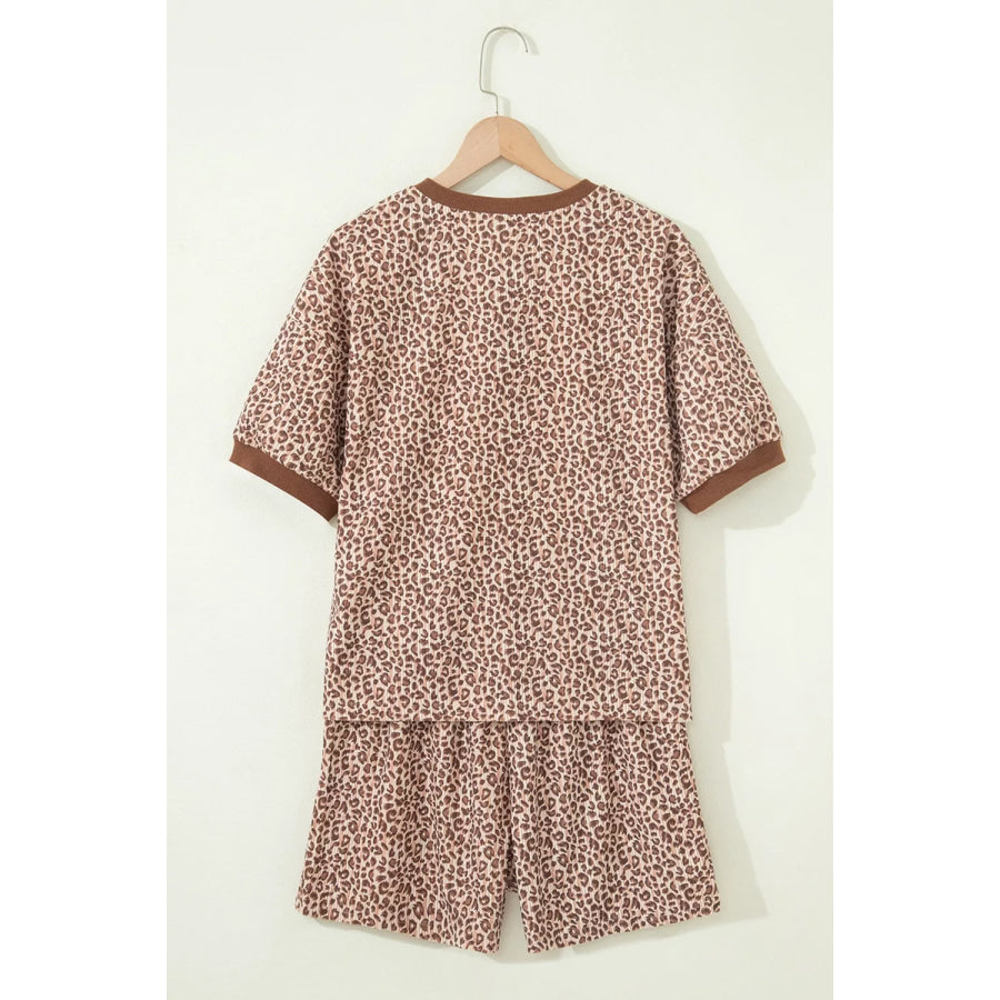 Leopard Print Ribbed Patchwork Half Button Loose Tee Elastic Waist Short 2pcs Set Apparel and Accessories