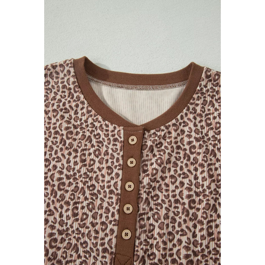 Leopard Print Ribbed Patchwork Half Button Loose Tee Elastic Waist Short 2pcs Set Apparel and Accessories