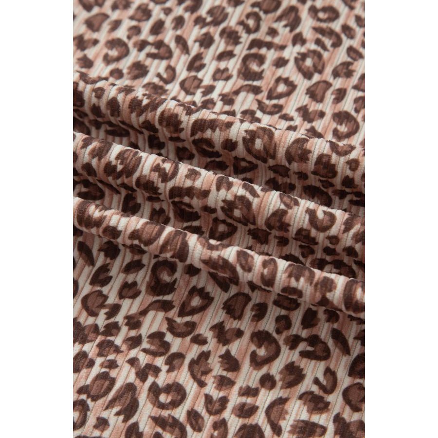 Leopard Print Ribbed Patchwork Half Button Loose Tee Elastic Waist Short 2pcs Set Apparel and Accessories