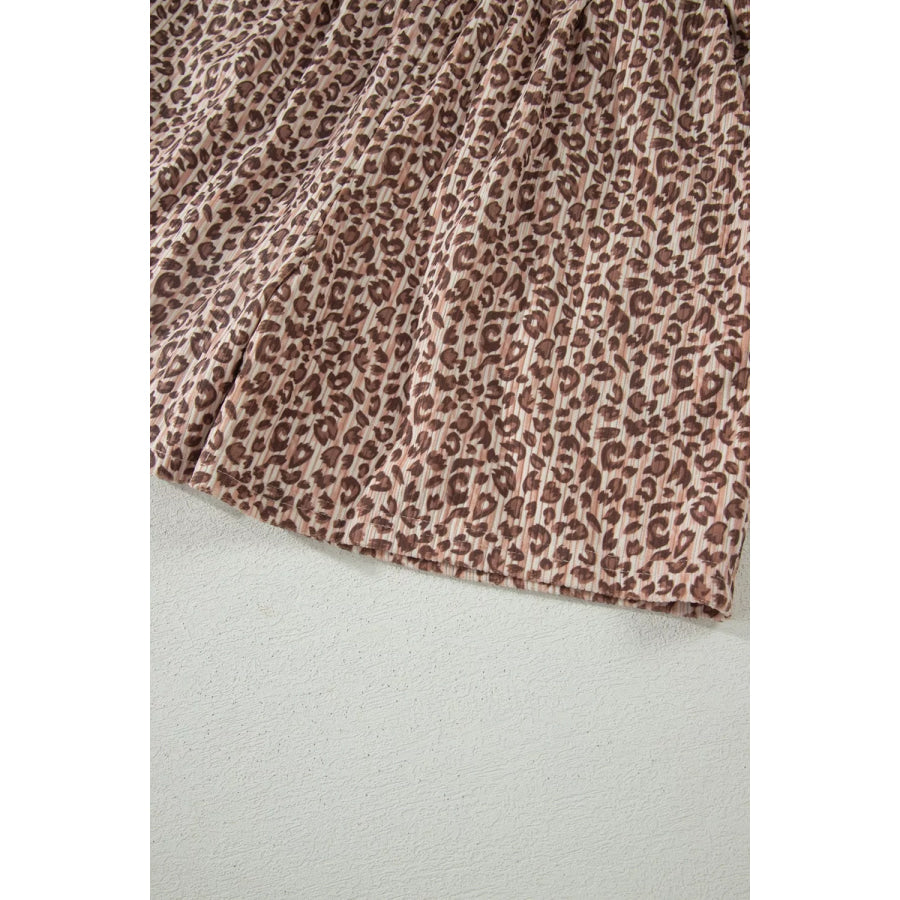 Leopard Print Ribbed Patchwork Half Button Loose Tee Elastic Waist Short 2pcs Set Apparel and Accessories