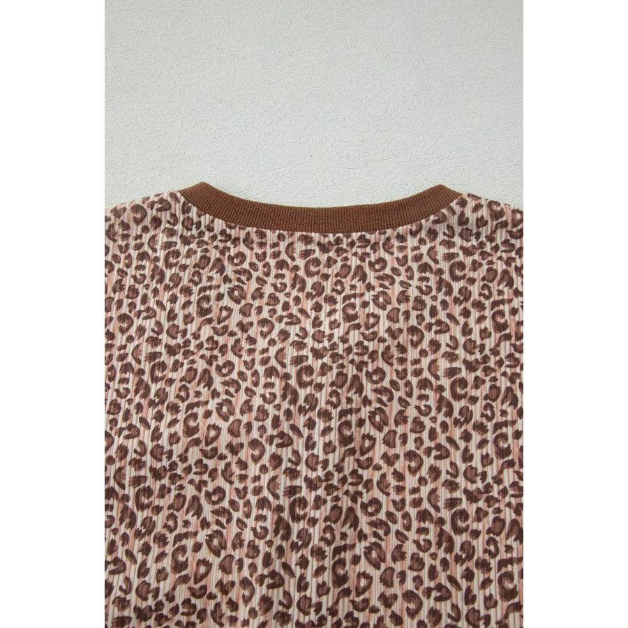 Leopard Print Ribbed Patchwork Half Button Loose Tee Elastic Waist Short 2pcs Set Apparel and Accessories