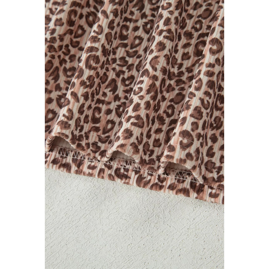 Leopard Print Ribbed Patchwork Half Button Loose Tee Elastic Waist Short 2pcs Set Apparel and Accessories