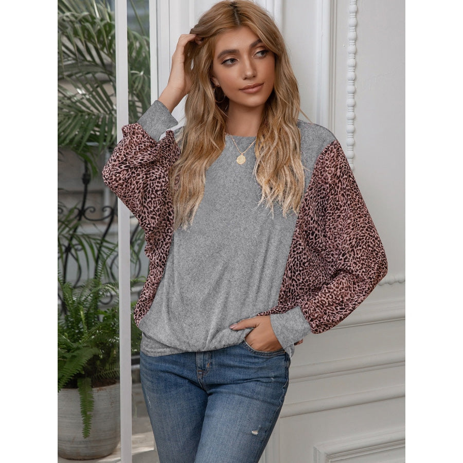 Leopard Print Round Neck Dolman Sleeve Blouse Heather Gray / S