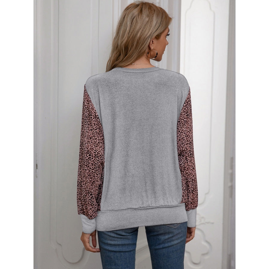 Leopard Print Round Neck Dolman Sleeve Blouse Heather Gray / S