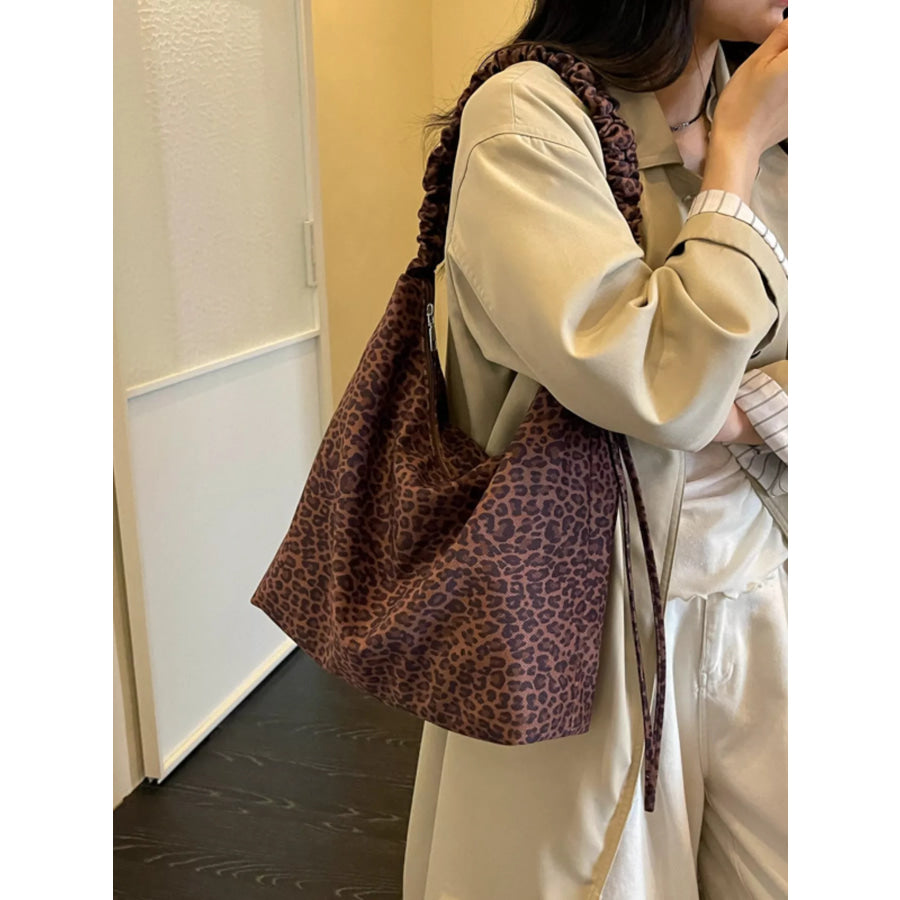 Leopard Print Ruched Shoulder Bag Brown / One Size Apparel and Accessories