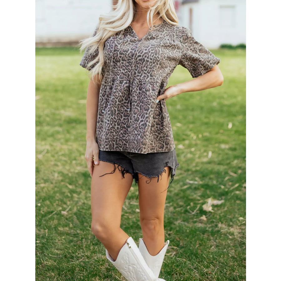 Leopard Print Ruffle Hem Denim Top Apparel and Accessories