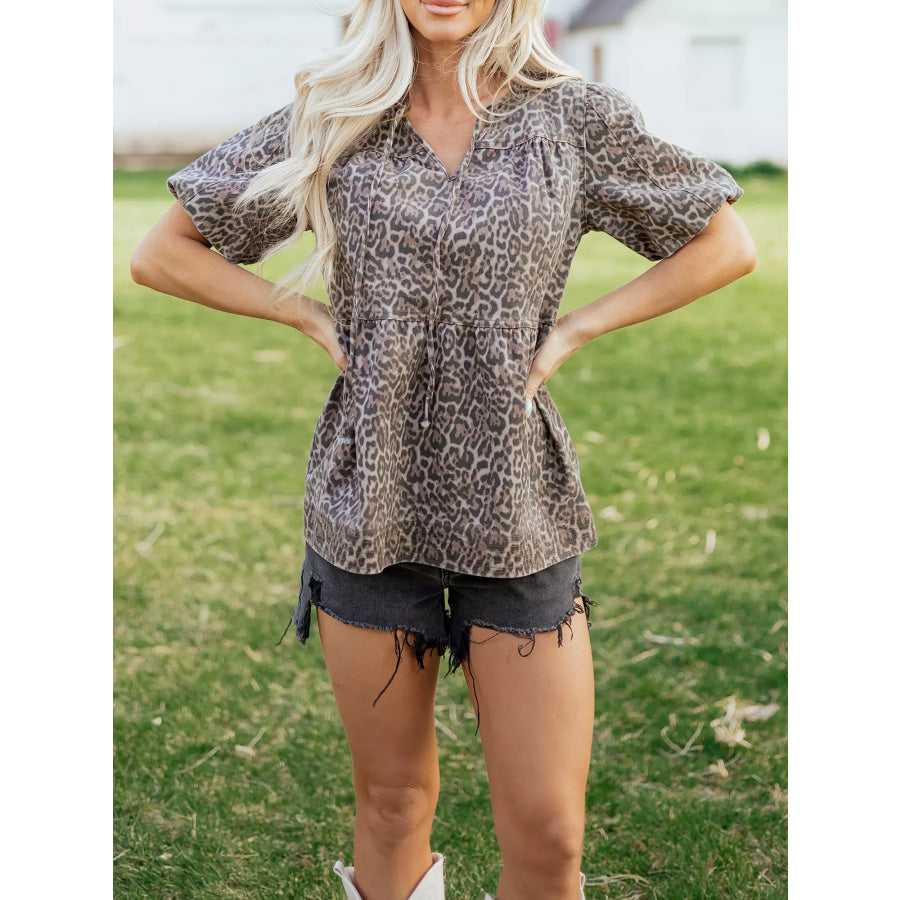 Leopard Print Ruffle Hem Denim Top Leopard / S Apparel and Accessories