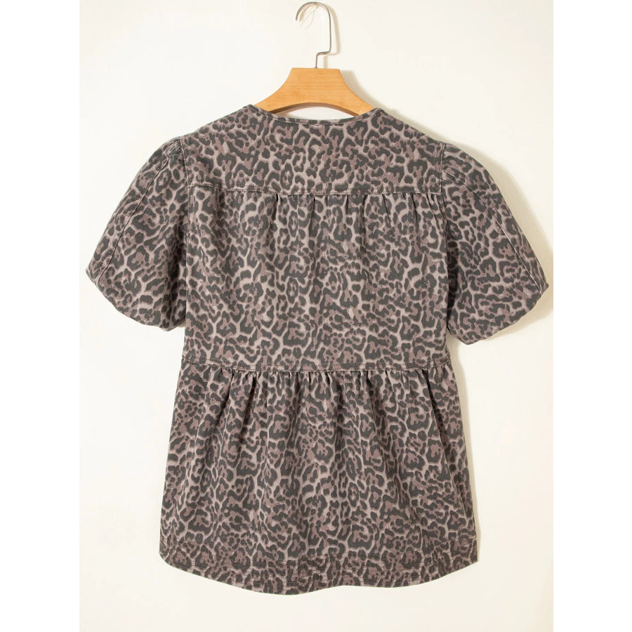 Leopard Print Ruffle Hem Denim Top Apparel and Accessories