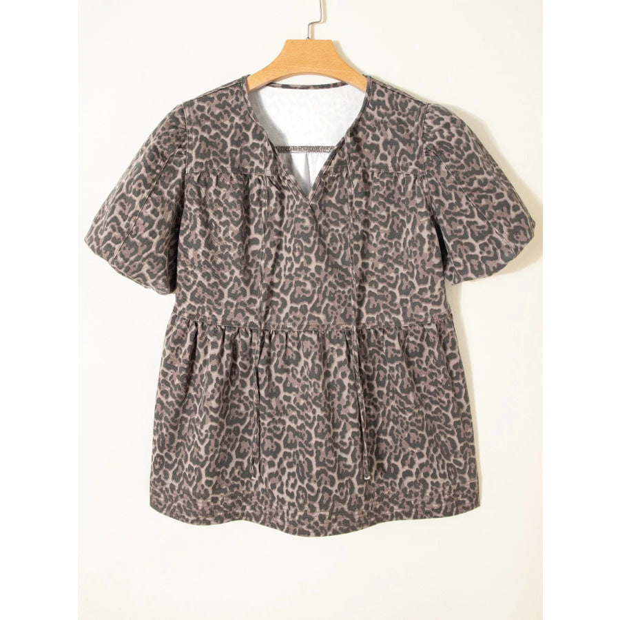 Leopard Print Ruffle Hem Denim Top Apparel and Accessories