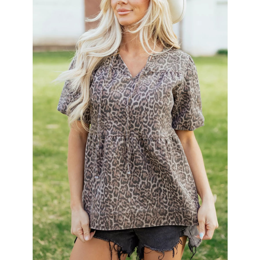 Leopard Print Ruffle Hem Denim Top Leopard / S Apparel and Accessories