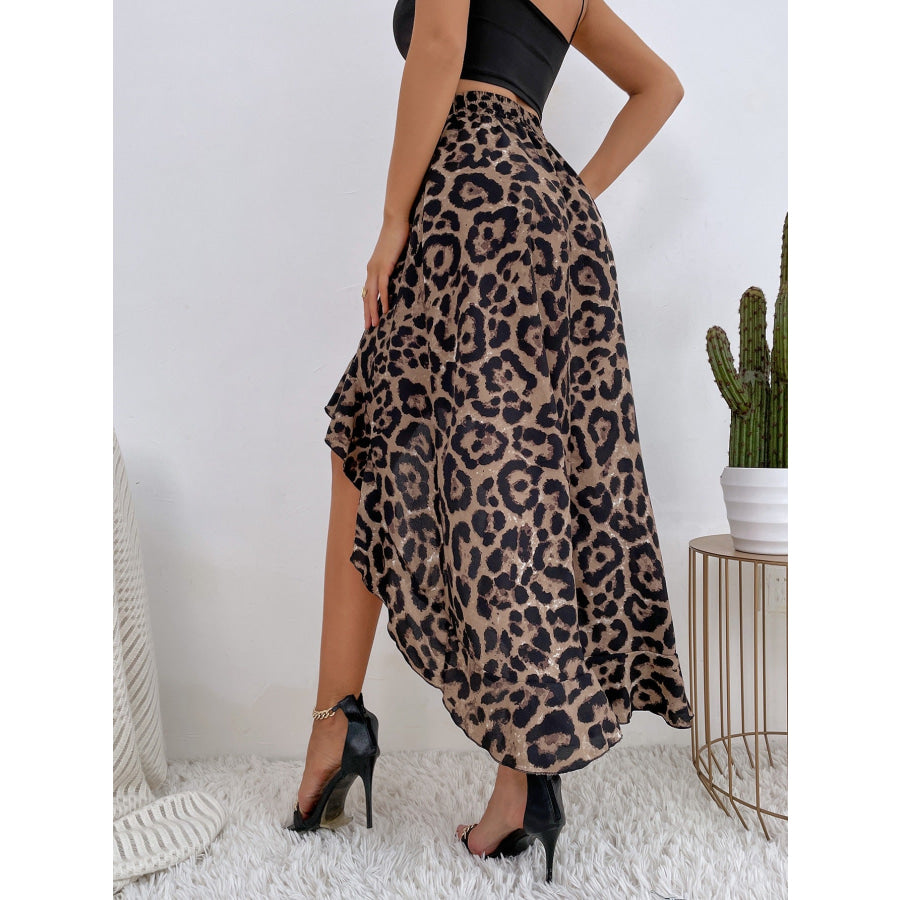 Leopard Print Ruffle Hem High-Low Skirt Apparel and Accessories
