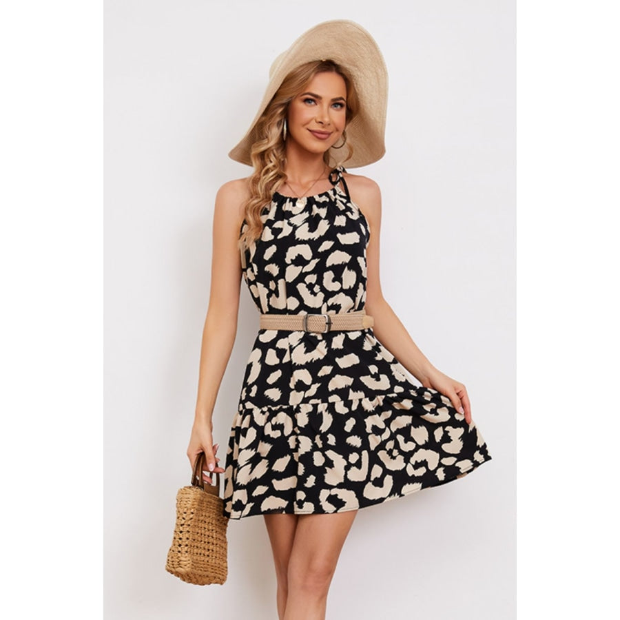 Leopard Print Ruffle Hem Sleeveless Dress Black / S